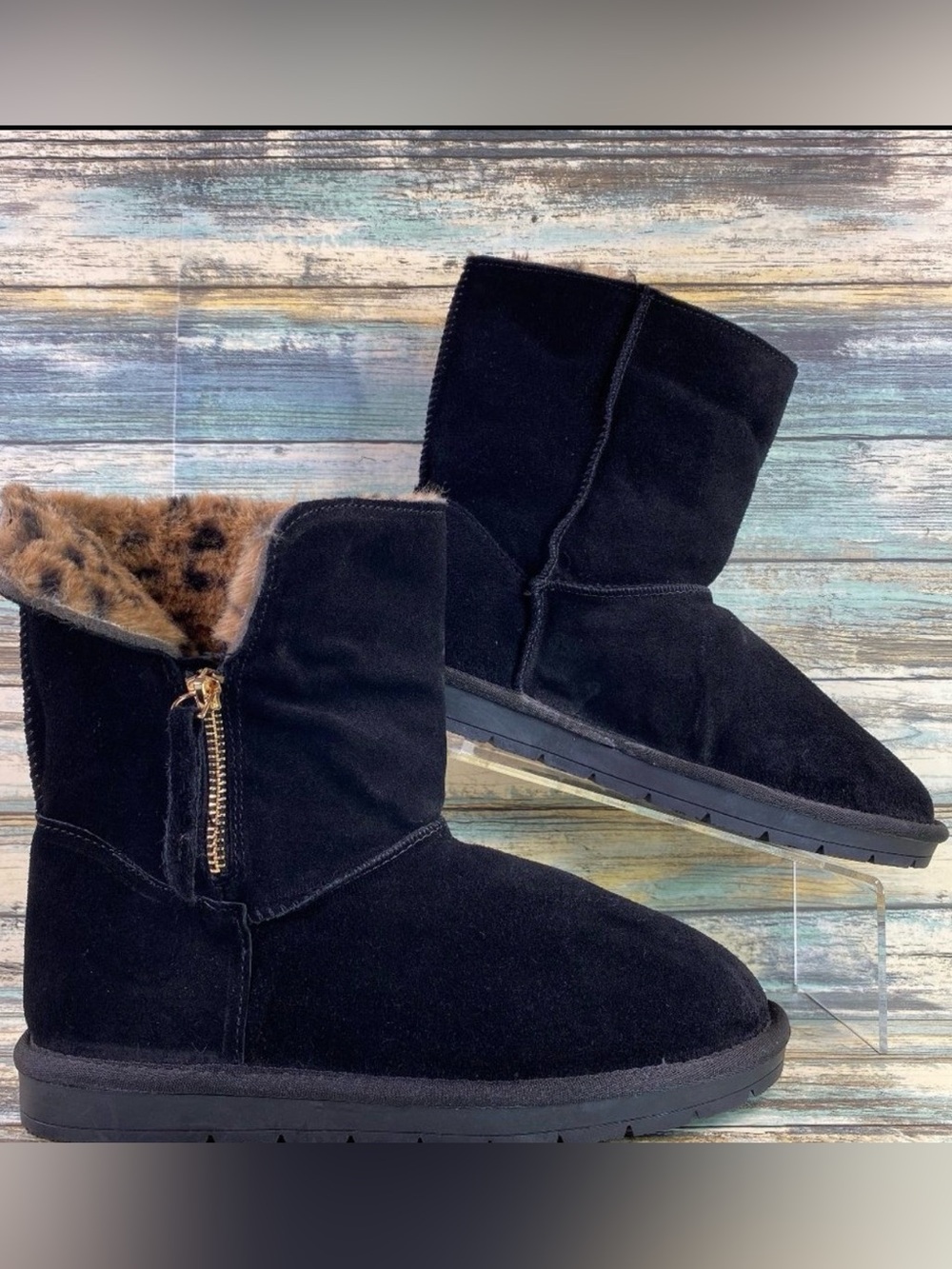 Serra Black Suede Ankle Boot Bootie Zip Faux Fur Leopard Print Casual Womens 7M